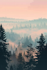 Wall Mural - Misty Oregon Forest Sunset in Pacific Northwest, Vector Style Animation