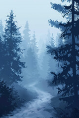 Wall Mural - Misty Montana Cold Forest Landscape in Pacific Northwest, Vector Style Animation