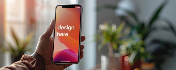 Poster - Hand holding iPhone with blank screen mockup for design preview in modern home interior