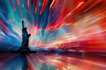 A dynamic and festive background for the Fourth of July with blurred fireworks, an American flag waving in motion, and a silhouette of The Statue of Liberty Generative AI