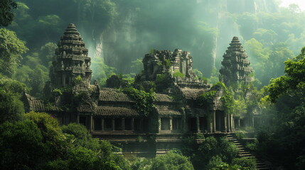 majestic ancient temple nestled among lush jungle foliage