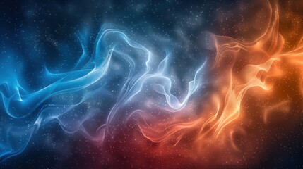 Wall Mural - A dynamic, psychedelic gradient featuring neon orange and blue, flowing with white highlights on a dark grainy background. 