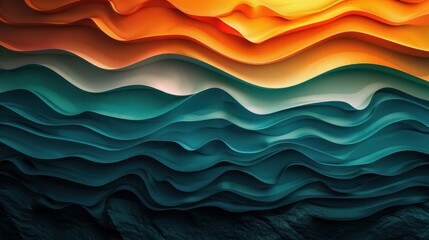Wall Mural - A grainy gradient backdrop with transitions from bright teal to deep orange, featuring glowing color waves on a dark texture. 
