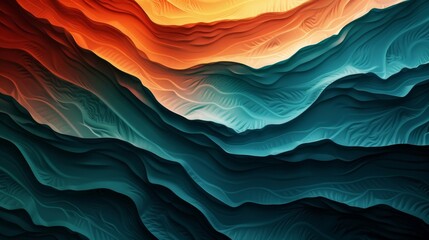 Wall Mural - A grainy gradient backdrop with transitions from bright teal to deep orange, featuring glowing color waves on a dark texture. 
