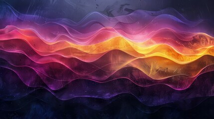 Wall Mural - A grainy gradient backdrop with transitions from bright yellow to deep purple, featuring glowing color waves on a dark texture. 