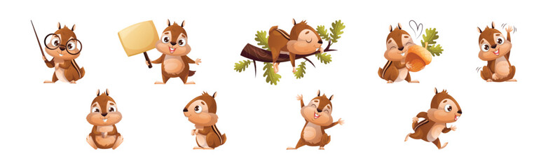 Wall Mural - funny chipmunk character with cute snout engaged in different activity vector set