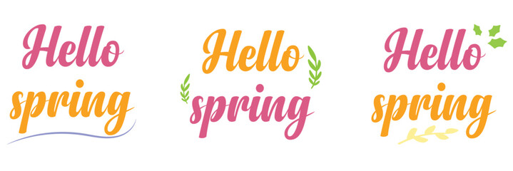 Hello spring calligraphy lettering isolated on white. Inspirational seasonal quote typography poster. Hand written logo design. Vector illustration. Easy to edit template for banner, flyer, badge