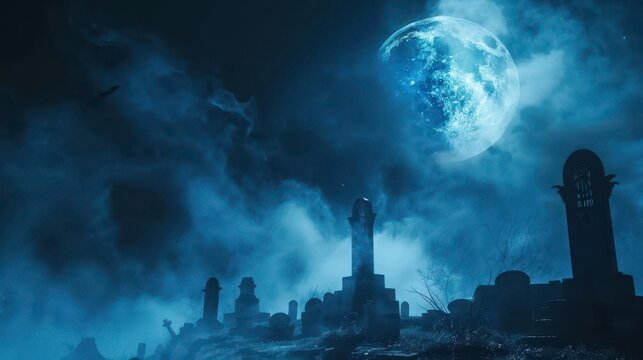 halloween background with dark clouds,moon and cemetary in blue color