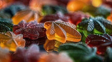 Wall Mural - Close-up of colorful cannabis jelly candies, highlighting the vibrant mixed colors and intricate details with a glossy finish
