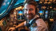 © thekob5123 - happy airline pilot in a modern cockpit, preparing for a flight with confidence and a smile, enjoying the high-tech environment and the thrill of flying, showcasing passion and professionalism