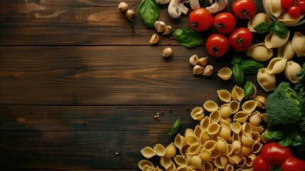 Wall Mural - Italian Cuisine Ingredients Pasta Large Shells and Fresh Veggies on Dark Wood with Space for Text