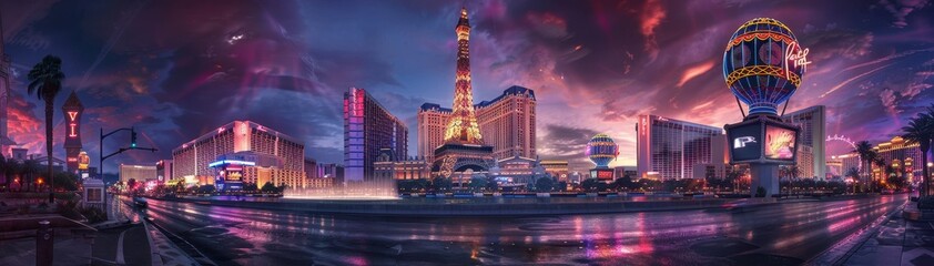 panoramic view of las vegas at night with colorful lights