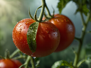 ripe tomatoes weigh on the stalk, after the rain.