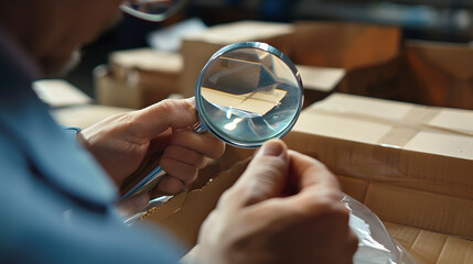 A man is holding a magnifying glass and looking at a box