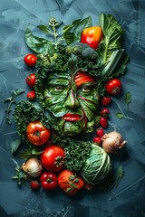 A creative vegetable portrait blending various greens and veggies to form a human face, set against a textured dark background, emphasizing the art of healthy food, creative concept of nutrition