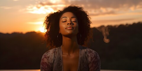 Wall Mural - Practicing Wellness A Young Black Woman Engages in Deep Breathing Outdoors at Sunset. Concept Mindfulness, Self-care, Sunset Exercise, Health and Well-being, Black Women Health