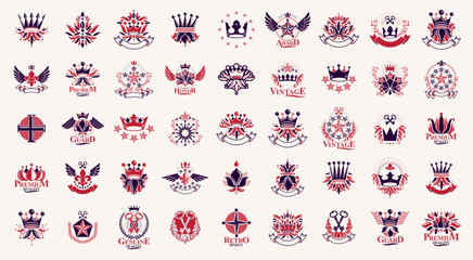 Wall Mural - Heraldic Coat of Arms with crowns vector big set, vintage antique heraldic badges and awards collection, symbols in classic style design elements, family or business logos.