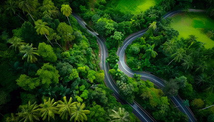 Wall Mural - Winding road, top view of beautiful aerial view of asphalt road, highway through forest and fields in rainy season