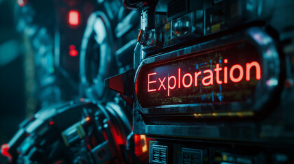 The word Exploration on a spaceship heading towards the stars.