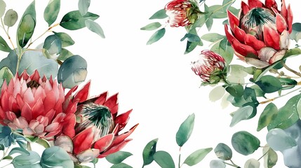 An artistic composition featuring watercolor protea flowers, forming a natural abstract wallpaper and background, ideal for a botanical best-seller