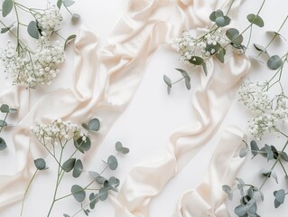 Wall Mural - Best-selling image of elegant satin fabric intertwined with baby's breath against a white background, perfect as wallpaper