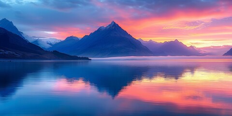 Breathtaking sunrise over tranquil mountain lake with pink, purple, & blue hues reflecting on still water, evoking calm & peace.