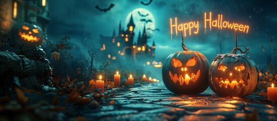 Two Jack-o'-lanterns together on a cobblestone path, with the phrase 'Happy Halloween,' eerie landscape, castle, full moon, and bats flying, 3D Rendering, Copy Space.