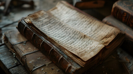 Wall Mural - A book with a handwritten page is open on a table