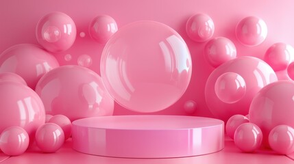 Wall Mural - Pink round podium on the background of three-dimensional balls.  An empty, clean display case with bubbles for displaying goods. 3D rendering.