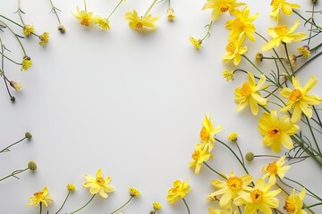 Canvas Print - Beautiful yellow flowers create a natural frame on a white background, making it an abstract, wallpaper, and background for potential best-sellers