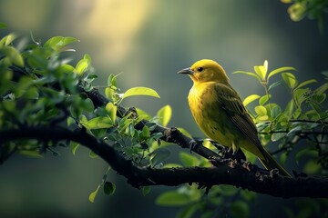 Canvas Print - Capturing nature's beauty, this vibrant image of a yellow bird on a green leafy branch serves as a fantastic wallpaper or background, with best-seller potential