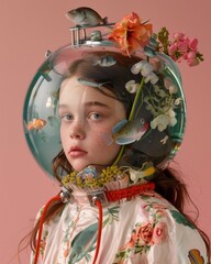 Wall Mural - A girl wearing a flowery dress and a fishbowl on her head
