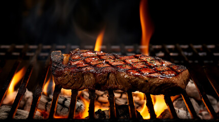 Sticker - Juicy grilled steak cooking over an open flame barbecue, ideal for summer cookouts and Fourth of July celebrations