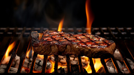 Poster - Juicy grilled steak cooking over an open flame barbecue, ideal for summer cookouts and Fourth of July celebrations