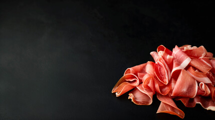 Wall Mural - Pile of thinly sliced prosciutto on a dark background, perfect for Italian cuisine, gourmet food presentations, and festive holiday gatherings