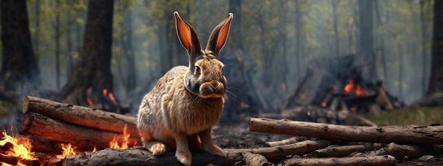 A rabbit is trapped in a fire of a burning forest. A rabbit fell into a fire trap in the forest, a burning forest. Natural disaster, wildlife and wildfire concept.