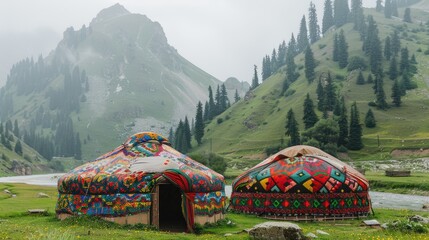 Two yurts in the grassland with green trees and rivers on their sides, featuring traditional Kazakh yurt decoration and colorful patterns on the white canvas cover, surrounded by a dense forest.