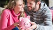 © ZinaZaval - A young couple holds a piggy bank, smiling and sharing a look of affection in a modern home interior, with ample copy space for text.