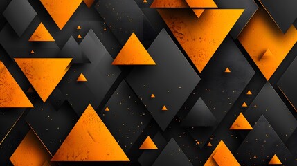 Abstract geometric design with orange and black triangles on dark background. Digital illustration with copy space. Modern art and design concept for banner and poster