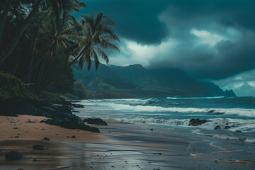 Wall Mural - A dramatic view of a tropical beach with palm trees under stormy skies, capturing the intense and moody atmosphere