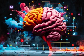 Canvas Print - AI brain interface with digital matrix backdrop, symbolizing the blending of human cognition and machine learning.