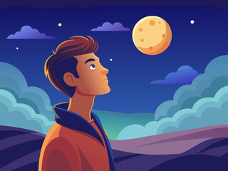 A man looking at the sky, spotting the moon