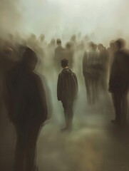 Poster - A single person stands in a crowded room, but the blurred background emphasizes their isolation. Generative AI