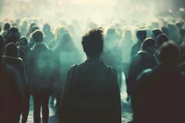 Aufkleber - A woman stands alone in a crowded room, her silhouette outlined against a blurred background of people, highlighting her sense of isolation. Generative AI