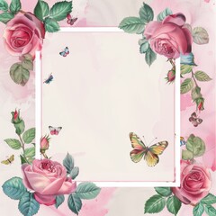 Wall Mural - White blank square frame with pink roses and green leaves on the sides 