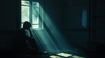 Poster - A person sits alone in a dark room, their face partially hidden in shadows, as a single beam of light streams through a window. Generative AI