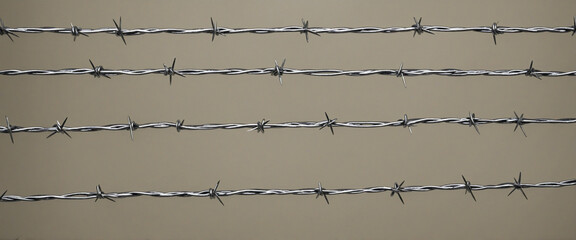 Protective barrier of reinforced steel barbed wire along a border - AI generated