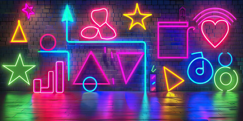 Wall Mural - Retro Neon: A combination of bright neon colors like hot pink, electric blue, and neon green creates a retro and nostalgic atmosphere. This scheme is often used in 80s-themed parties, retro arcade des