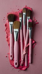 Brushes dipped in pink paint for wall art.