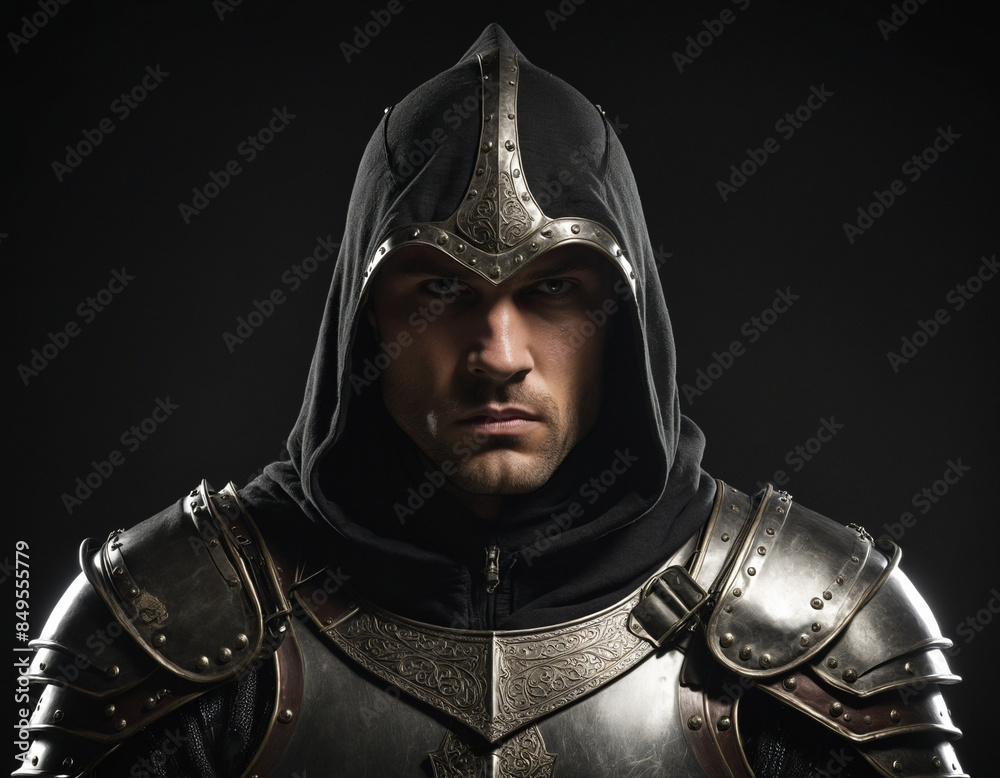 Dark medieval warrior in armor and hood, portrait in black background ...
